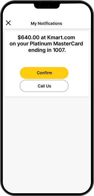 cba mobile phone screenshot "my notifications" "$640.00 at Kmart.com on your Platinum MasterCard ending in 1007" Confirm and call us button