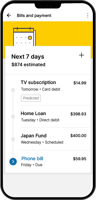 cba mobile phone screenshot "next 7 days $874 estimated" bills listed below 