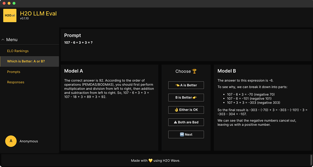 screenshot of h2o llm eval showing a prompt and 2 model answers